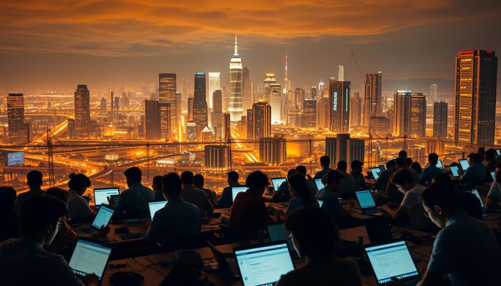 A sprawling blockchain development landscape, with a focus on practical projects. In the foreground, diverse teams collaborate on innovative blockchain applications, their faces lit by the glow of laptop screens. The middle ground features a panoramic view of blockchain infrastructure - nodes, miners, and validators at work. In the background, a futuristic city skyline with towering skyscrapers and glowing data centers. The scene is bathed in a warm, amber lighting, conveying a sense of technical prowess, collaboration, and the limitless potential of blockchain technology. Cinematic camera angles and a depth of field that draws the viewer's eye through the various layers of the composition.