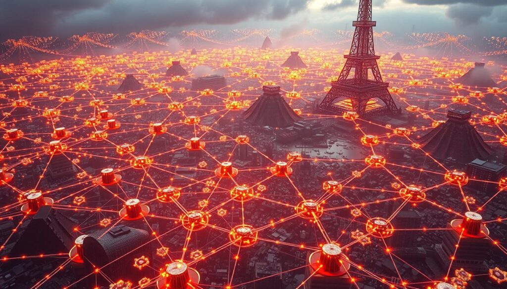 A sprawling blockchain ecosystem, secured by a vast network of validators. In the foreground, digital ledgers shimmer with cryptographic hashes, encoding transactions with unbreakable integrity. The middle ground pulses with nodes communicating seamlessly, their consensus protocols ensuring scalability and resilience. In the background, a towering blockchain infrastructure reaches skyward, its distributed architecture safeguarding the flow of digital assets. Diffuse lighting casts a warm, authoritative glow, while a wide-angle lens captures the grand, interconnected scale of this secure, scalable blockchain paradise.