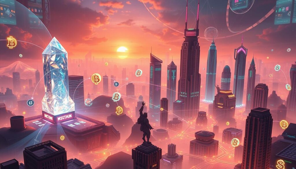 A sprawling blockchain landscape, bathed in a warm, ethereal glow. In the foreground, a colossal, crystalline structure shimmers with digital energy, representing the incentives and rewards of a blockchain-powered gaming ecosystem. Holographic characters dart and weave through the scene, earning and exchanging virtual currencies. In the middle ground, towering skyscrapers of code and data rise up, their facades adorned with colorful, animated symbols of cryptocurrency. The background is a dreamlike fusion of neon-tinged cityscapes and abstract, fractal patterns, hinting at the infinite possibilities of decentralized gaming. The overall atmosphere is one of boundless potential, technological wonder, and the thrill of digital exploration and discovery. A sprawling blockchain landscape, bathed in a warm, ethereal glow. In the foreground, a colossal, crystalline structure shimmers with digital energy, representing the incentives and rewards of a blockchain-powered gaming ecosystem. Holographic characters dart and weave through the scene, earning and exchanging virtual currencies. In the middle ground, towering skyscrapers of code and data rise up, their facades adorned with colorful, animated symbols of cryptocurrency. The background is a dreamlike fusion of neon-tinged cityscapes and abstract, fractal patterns, hinting at the infinite possibilities of decentralized gaming. The overall atmosphere is one of boundless potential, technological wonder, and the thrill of digital exploration and discovery.