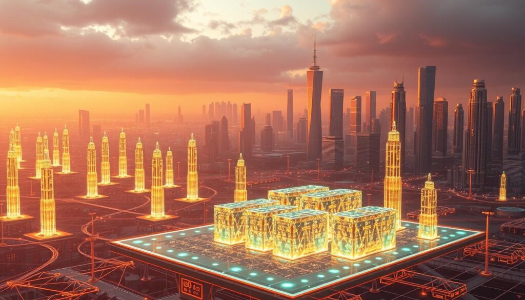 A sprawling blockchain landscape, where data submission cascades through a series of nested optimistic zero-knowledge rollups. In the foreground, a futuristic interface displays a real-time visualization of the rollup transactions, each block a luminous tessellation of cryptographic proofs. The middle ground features towering holographic pylons, their vertices pulsing with the rhythmic flow of information. In the background, an ethereal skyline of skyscrapers and data centers, their facades shimmering with the energy of decentralized consensus. The scene is bathed in a warm, amber glow, evoking a sense of technological wonder and the relentless progress of blockchain innovation.