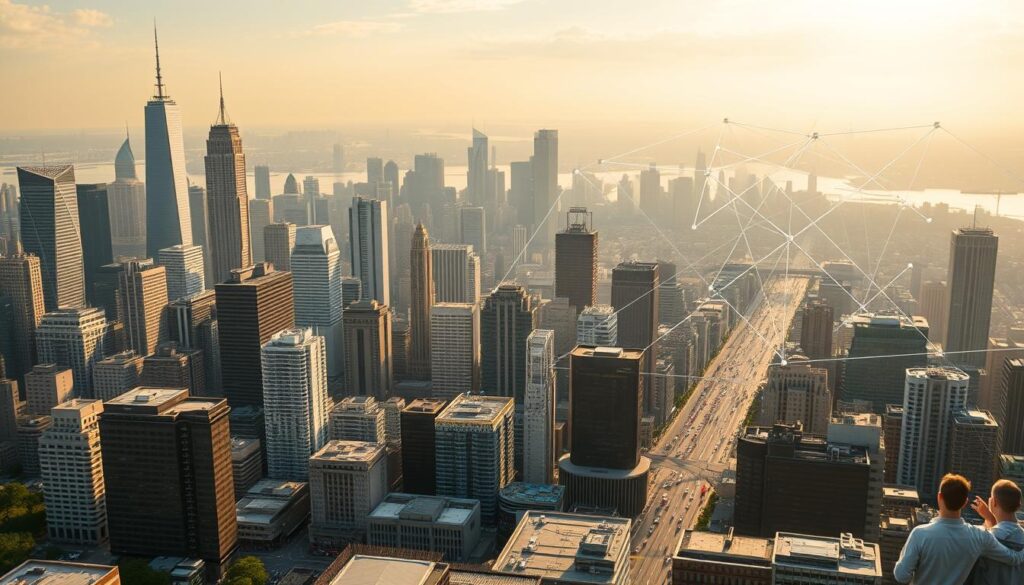 A sprawling cityscape unfolds, its towering skyscrapers casting long shadows across the bustling streets below. In the foreground, a series of dynamic interfaces and interactive displays showcase real-world blockchain sidechain applications, from supply chain management and digital identity verification to decentralized finance and Internet of Things integrations. The midground features a diverse array of people interacting with these technologies, their expressions a mix of fascination and understanding. In the background, a network of interconnected nodes and data streams pulsates with activity, illustrating the underlying infrastructure that powers these innovative sidechain solutions. The scene is bathed in a warm, golden light, conveying a sense of progress and advancement.