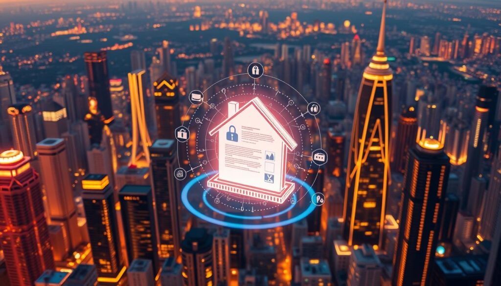 A sprawling cityscape with futuristic skyscrapers and gleaming glass towers, bathed in a warm, golden light. In the foreground, a digital representation of a property deed hovers, its edges glowing with blockchain-inspired graphics. Intricate data visualizations and secure transaction symbols swirl around it, highlighting the benefits of blockchain technology for property ownership - immutable records, enhanced transparency, and streamlined transactions. In the middle ground, people are seen interacting with holographic interfaces, managing their digital property assets. The background is filled with a network of interconnected nodes, symbolizing the decentralized nature of the blockchain system. The overall scene conveys a sense of technological innovation and the dawn of a new era in real estate. A sprawling cityscape with futuristic skyscrapers and gleaming glass towers, bathed in a warm, golden light. In the foreground, a digital representation of a property deed hovers, its edges glowing with blockchain-inspired graphics. Intricate data visualizations and secure transaction symbols swirl around it, highlighting the benefits of blockchain technology for property ownership - immutable records, enhanced transparency, and streamlined transactions. In the middle ground, people are seen interacting with holographic interfaces, managing their digital property assets. The background is filled with a network of interconnected nodes, symbolizing the decentralized nature of the blockchain system. The overall scene conveys a sense of technological innovation and the dawn of a new era in real estate.