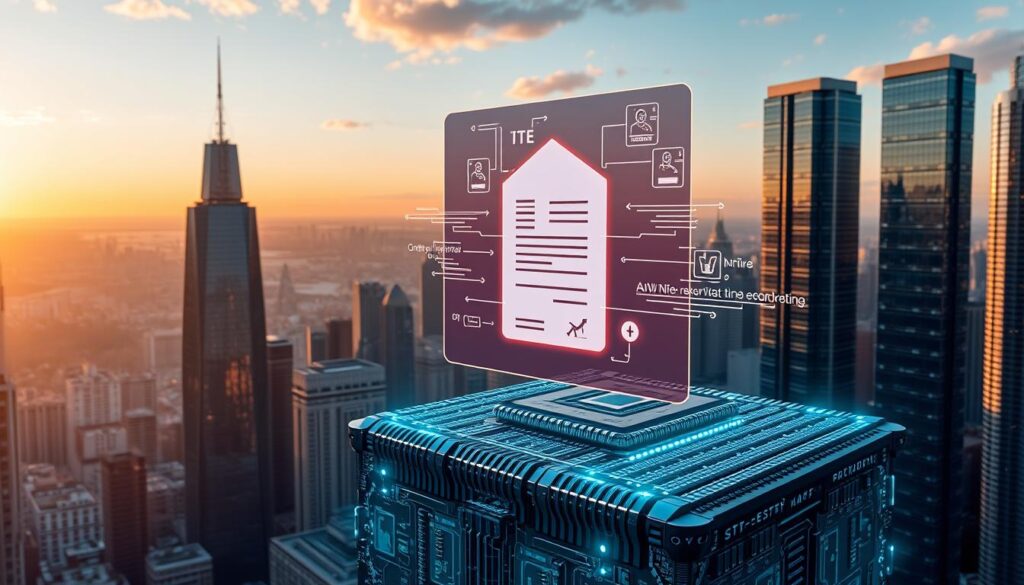 A sprawling cityscape with towering skyscrapers in the background, their glass facades reflecting the warm glow of a setting sun. In the foreground, a futuristic blockchain node, its intricate circuitry and sleek design conveying the cutting-edge technology that powers the secure title record-keeping system. Hovering above the node, a holographic display showcases the secure transfer of a property deed, with digital signatures and encrypted data streams crisscrossing the screen. The scene exudes a sense of technological progress, innovation, and the seamless integration of blockchain into the evolving landscape of real estate transactions. A sprawling cityscape with towering skyscrapers in the background, their glass facades reflecting the warm glow of a setting sun. In the foreground, a futuristic blockchain node, its intricate circuitry and sleek design conveying the cutting-edge technology that powers the secure title record-keeping system. Hovering above the node, a holographic display showcases the secure transfer of a property deed, with digital signatures and encrypted data streams crisscrossing the screen. The scene exudes a sense of technological progress, innovation, and the seamless integration of blockchain into the evolving landscape of real estate transactions.