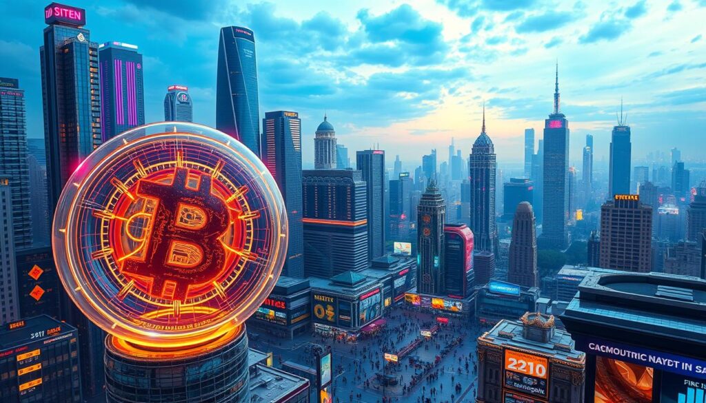 A sprawling crypto metropolis, its towering skyscrapers adorned with neon tokenomics symbols. In the foreground, a giant transparent sphere representing the token's value creation, with intricate internal mechanisms and data visualizations. The middle ground features a bustling marketplace, traders exchanging digital assets against a backdrop of shifting price charts and cascading financial data. The sky is a vivid, electric blue, illuminated by the glow of countless cryptocurrency transactions. A sense of dynamism, innovation, and exponential growth permeates the scene, captured by a wide-angle lens with a shallow depth of field.
