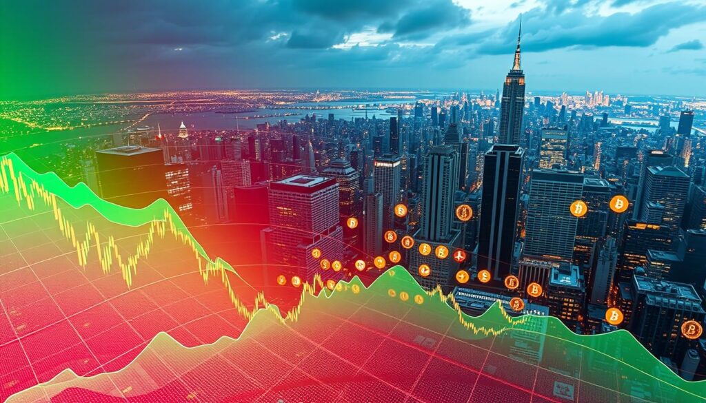 A sprawling digital financial landscape, illuminated by shifting hues of green and red, signifying the dynamic flow of market prices. In the foreground, a detailed graph charts the fluctuations, with lines and curves tracing the ebb and flow of arbitrage opportunities. The middle ground features various cryptocurrency symbols, each casting a soft, holographic glow, hinting at the underlying technology powering these markets. The background is a stunning cityscape, a metropolis of skyscrapers and bustling activity, reflecting the global nature of these markets. Crisp, high-resolution imagery captured through a wide-angle lens, with strategic lighting to emphasize the depth and complexity of this analytical scene.