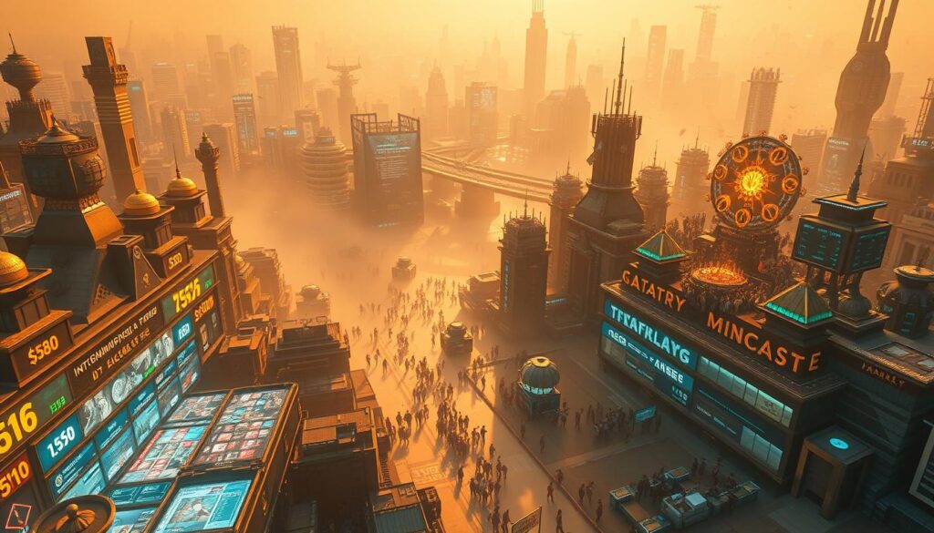 A sprawling financial landscape, with the contrasting worlds of fixed-price NFT sales and dynamic auction-style transactions taking center stage. In the foreground, a vibrant digital marketplace showcases NFTs, their prices clearly displayed. To the side, an intense bidding war plays out, with potential buyers competing to secure the most coveted digital assets. The middle ground is filled with a cacophony of charts, graphs, and financial data, illuminating the nuances between the two sales models. The background is a hazy, futuristic cityscape, where the echoes of cryptocurrency transactions and blockchain technology reverberate. The scene is bathed in a warm, golden glow, conveying a sense of prosperity and opportunity within the dynamic NFT ecosystem.