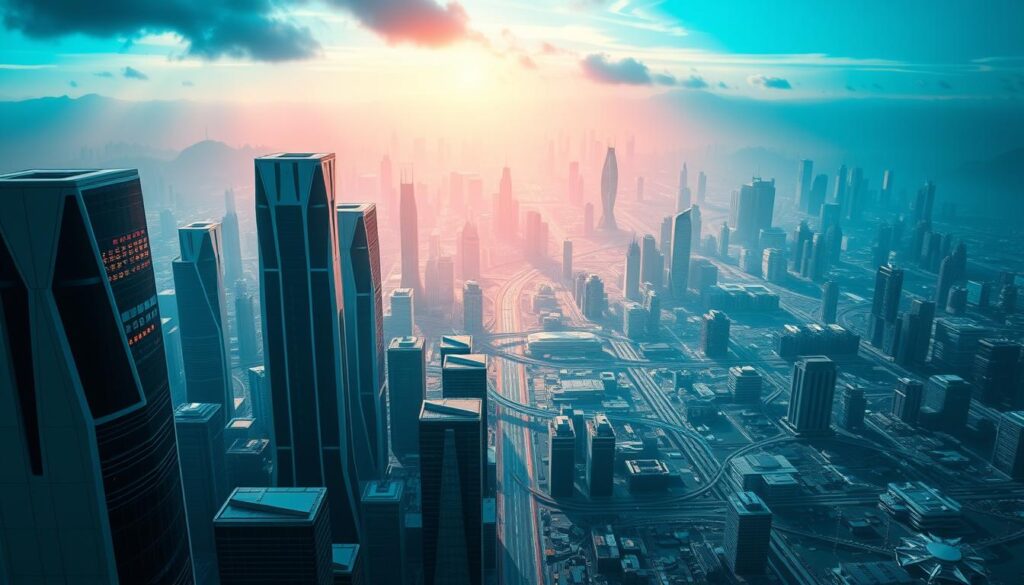 A sprawling, futuristic cityscape representing the benefits and challenges of decentralized storage networks. In the foreground, towering data centers with sleek, angular designs symbolize the robust infrastructure powering these distributed systems. In the middle ground, a complex web of interconnected nodes and pathways illustrates the decentralized architecture. The background features a hazy, ethereal skyline with a vibrant color palette, evoking the promise of secure, resilient data storage. Dramatic lighting casts dynamic shadows, conveying the technical sophistication and potential pitfalls of this emerging technology. An overall sense of balance between order and chaos, reflecting the inherent trade-offs of decentralized storage. A sprawling, futuristic cityscape representing the benefits and challenges of decentralized storage networks. In the foreground, towering data centers with sleek, angular designs symbolize the robust infrastructure powering these distributed systems. In the middle ground, a complex web of interconnected nodes and pathways illustrates the decentralized architecture. The background features a hazy, ethereal skyline with a vibrant color palette, evoking the promise of secure, resilient data storage. Dramatic lighting casts dynamic shadows, conveying the technical sophistication and potential pitfalls of this emerging technology. An overall sense of balance between order and chaos, reflecting the inherent trade-offs of decentralized storage.