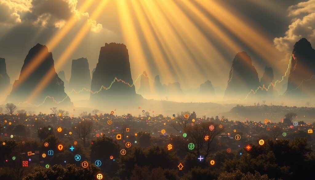 A sprawling landscape of cryptocurrency market trends, displayed against a backdrop of towering historical candlestick charts and line graphs. The foreground features a dynamic array of colorful cryptocurrency icons, each pulsing with its own distinct rhythm, reflecting the ebb and flow of market sentiment. Rays of golden light pierce through the hazy, data-infused atmosphere, casting a warm glow over the scene. The middle ground showcases a tapestry of fluctuating price curves, tracing the rise and fall of digital assets through multiple market cycles. In the distance, a horizon of ever-changing market indicators and analytical visualizations, providing a comprehensive overview of the historical cryptocurrency landscape.