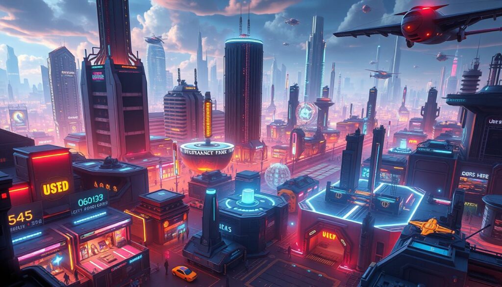 A sprawling, vibrant game economy, powered by governance tokens that grant players a voice in shaping its future. In the foreground, a dynamic marketplace bustles with the exchange of rare and coveted in-game assets. Sleek, holographic interfaces overlay the scene, allowing players to track token balances, vote on platform upgrades, and participate in the governance process. In the middle ground, a towering data center hums with the computational energy that sustains the game's decentralized infrastructure. The background is a kaleidoscope of neon-lit cityscapes, towering skyscrapers, and futuristic transportation, all woven together by the web of blockchain technology. The atmosphere is one of innovation, empowerment, and a sense of collective ownership over the game's destiny.