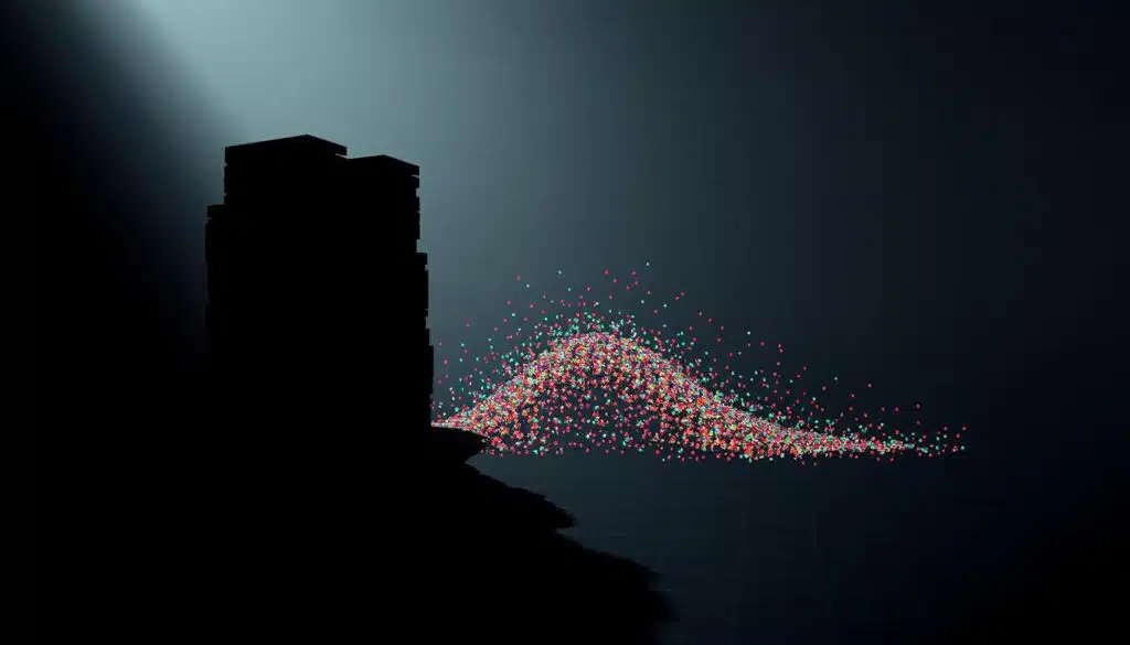 A stark, angled view of a blockchain transaction data visualization. The foreground features a towering, distorted stack of transaction blocks, casting long, abstract shadows. The middle ground shows a chaotic scatter of data points in various colors, representing the imbalance and irregularity in the transaction flow. The background is a muted, glitchy grid pattern, hinting at the complex underlying computational processes. The lighting is dramatic, with harsh shadows and muted tones, conveying a sense of technical complexity and data discrepancy. The overall atmosphere is one of unbalanced, unsettling data systems, reflecting the challenges of anomaly detection in blockchain transaction datasets.