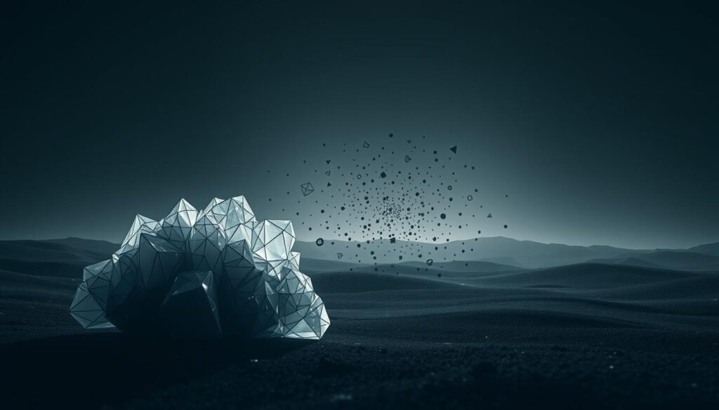 A stark landscape of digital fragments and abstract shapes, symbolizing the challenges of NFT valuation. In the foreground, a cluster of shifting, translucent polygons represent the complexity and volatility of the NFT market. The middle ground features a jumble of scattered data points, lines, and glyphs, hinting at the difficulties in accurately pricing these digital assets. The background is a subtle gradient, evoking the uncertainty and lack of clear frameworks that plague the NFT valuation process. Dramatic lighting casts dramatic shadows, heightening the sense of unease and the need for better tools and understanding. Rendered in a cinematic, almost ominous style, this image conveys the core challenges of NFT valuation. A stark landscape of digital fragments and abstract shapes, symbolizing the challenges of NFT valuation. In the foreground, a cluster of shifting, translucent polygons represent the complexity and volatility of the NFT market. The middle ground features a jumble of scattered data points, lines, and glyphs, hinting at the difficulties in accurately pricing these digital assets. The background is a subtle gradient, evoking the uncertainty and lack of clear frameworks that plague the NFT valuation process. Dramatic lighting casts dramatic shadows, heightening the sense of unease and the need for better tools and understanding. Rendered in a cinematic, almost ominous style, this image conveys the core challenges of NFT valuation.