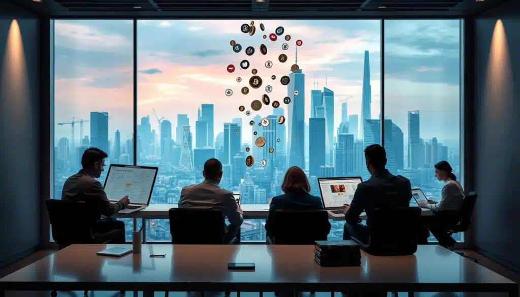 A step-by-step airdrop campaign unfolding in a sleek, modern setting. In the foreground, a team of crypto enthusiasts strategizing, laptops and whiteboards displaying detailed airdrop plans. The middle ground showcases the airdrop process, with tokens raining down onto virtual wallets and devices. In the background, a dynamic cityscape with towering skyscrapers and a vibrant, futuristic atmosphere. Soft, directional lighting illuminates the scene, casting subtle shadows and highlights to convey a sense of depth and professionalism. The overall composition evokes a well-organized, tech-savvy cryptocurrency ecosystem in action.