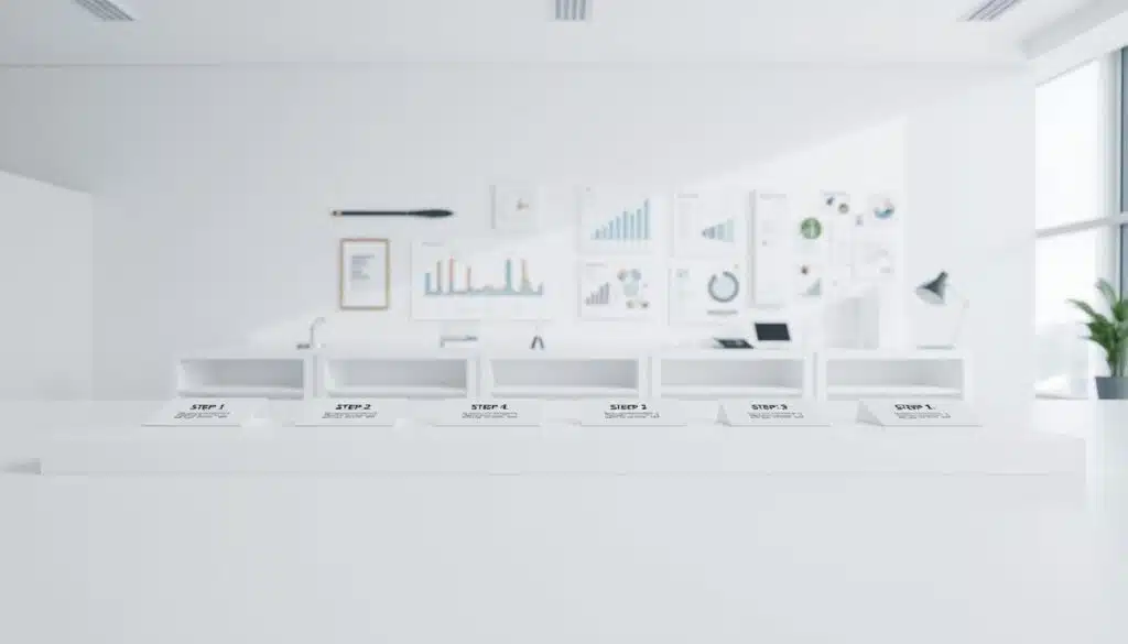 A step-by-step analysis method unfolds in a clean, minimalist workspace. In the foreground, a series of sequential steps are displayed on crisp, white surfaces, each step meticulously arranged. The middle ground features various analytical tools and diagrams, conveying a sense of methodical evaluation. The background is bathed in soft, directional lighting, creating a sense of focus and clarity. The overall atmosphere is one of systematic investigation, with a palette of neutral tones and geometric shapes that guide the viewer's eye through the analytical process.