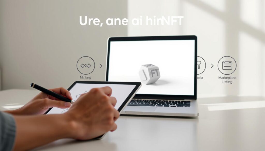 A step-by-step instructional guide for creating an NFT. In the foreground, a hand sketching digital artwork on a tablet with a stylus. In the middle, a laptop displaying a 3D NFT model rotating against a white backdrop. In the background, a series of circular icons symbolizing the NFT creation process - minting, blockchain integration, metadata customization, and marketplace listing. The scene is illuminated by soft, natural lighting, creating a serene and focused atmosphere. The overall composition conveys a sense of creativity, technology, and the systematic workflow of NFT production.