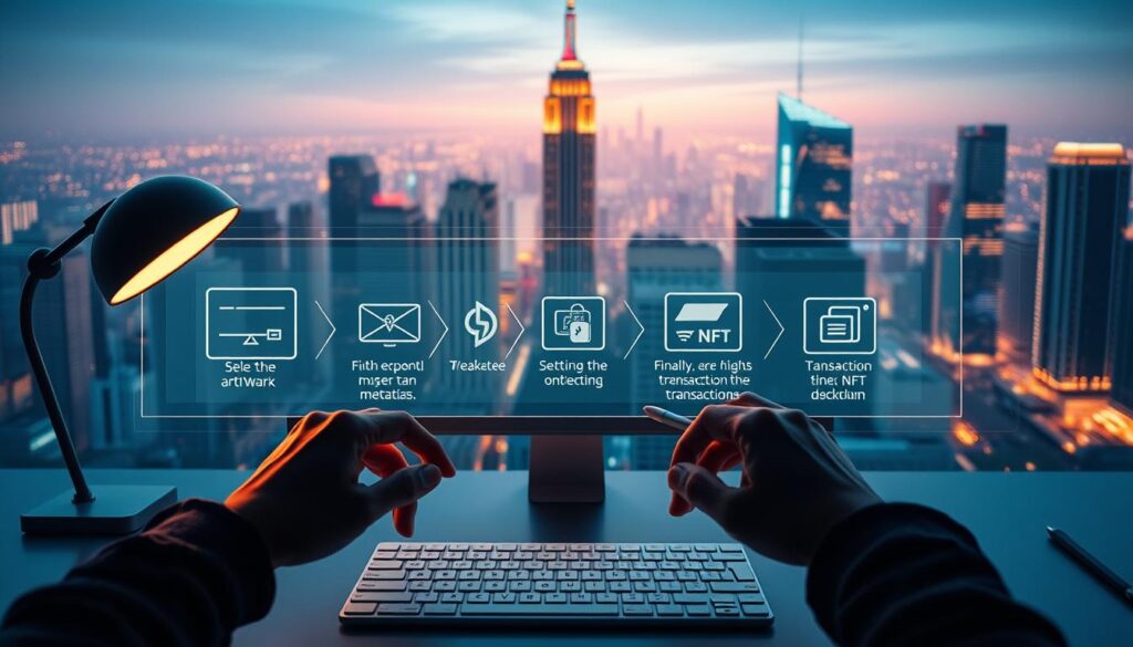 A step-by-step visual guide to the NFT minting process. In the foreground, an artist's hands carefully minting an NFT on a sleek, minimalist desktop setup, surrounded by a warm glow from a modern desk lamp. The middle ground features a transparent display of the minting workflow, with icons and animations illustrating each stage - from selecting the artwork, to setting the metadata, to finalizing the transaction on the blockchain. The background depicts a futuristic cityscape, with holographic screens and neon-lit skyscrapers, symbolizing the cutting-edge technology powering the NFT ecosystem. The lighting is soft and cinematic, creating a sense of focus and professionalism. The overall mood is one of innovation, creativity, and the seamless integration of art and technology. A step-by-step visual guide to the NFT minting process. In the foreground, an artist's hands carefully minting an NFT on a sleek, minimalist desktop setup, surrounded by a warm glow from a modern desk lamp. The middle ground features a transparent display of the minting workflow, with icons and animations illustrating each stage - from selecting the artwork, to setting the metadata, to finalizing the transaction on the blockchain. The background depicts a futuristic cityscape, with holographic screens and neon-lit skyscrapers, symbolizing the cutting-edge technology powering the NFT ecosystem. The lighting is soft and cinematic, creating a sense of focus and professionalism. The overall mood is one of innovation, creativity, and the seamless integration of art and technology.