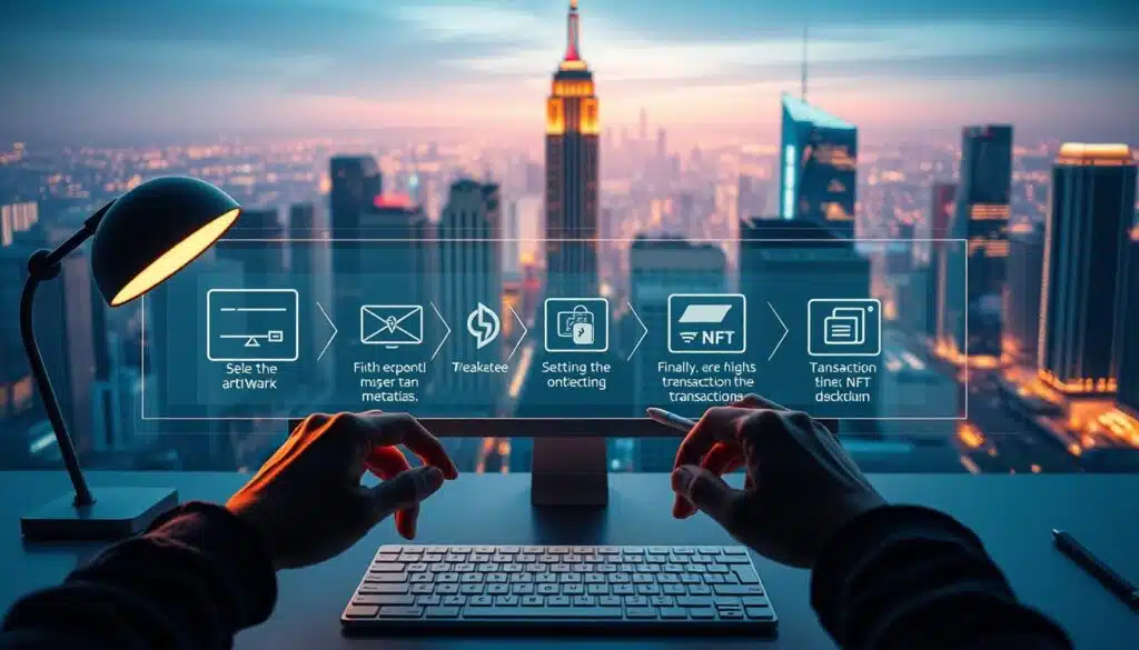 A step-by-step visual guide to the NFT minting process. In the foreground, an artist's hands carefully minting an NFT on a sleek, minimalist desktop setup, surrounded by a warm glow from a modern desk lamp. The middle ground features a transparent display of the minting workflow, with icons and animations illustrating each stage - from selecting the artwork, to setting the metadata, to finalizing the transaction on the blockchain. The background depicts a futuristic cityscape, with holographic screens and neon-lit skyscrapers, symbolizing the cutting-edge technology powering the NFT ecosystem. The lighting is soft and cinematic, creating a sense of focus and professionalism. The overall mood is one of innovation, creativity, and the seamless integration of art and technology.