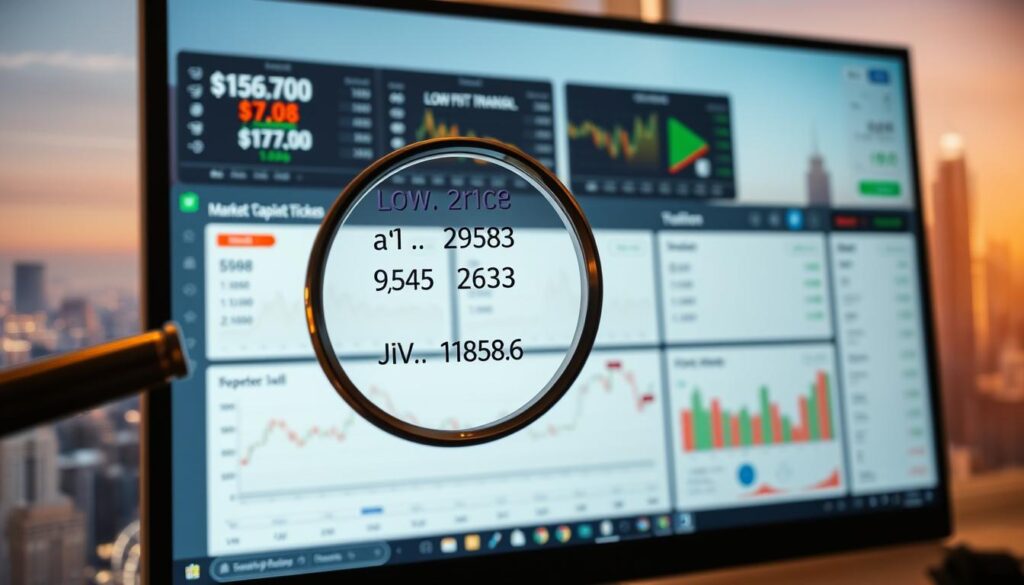 A stock market analysis dashboard displayed on a computer screen, with various graphs, charts, and financial data related to penny cryptocurrencies. The foreground shows a magnifying glass hovering over a selection of low-priced cryptocurrency tickers, symbolizing the careful evaluation process. The middle ground features a clean, minimalist interface with intuitive data visualization tools, highlighting key metrics like market capitalization, trading volume, and price trends. The background depicts a serene, futuristic cityscape, conveying a sense of technological progress and financial innovation. The lighting is soft and warm, creating a welcoming and professional atmosphere for the analysis of these emerging digital assets.
