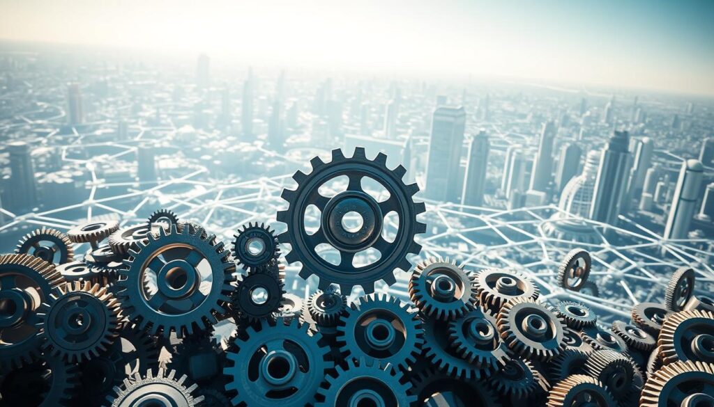 A strategic landscape of interlocking gears, conveying the efficient mechanics of reducing transaction costs. In the foreground, a central gear represents the core process, surrounded by smaller gears and pulleys that optimize the flow. The middle ground features a network of interconnected pathways, symbolizing the intricate systems at play. The background depicts a futuristic cityscape, hinting at the broader technological context. Lighting is crisp and directional, casting dramatic shadows to highlight the precise engineering. The overall tone is one of streamlined productivity and innovative problem-solving.