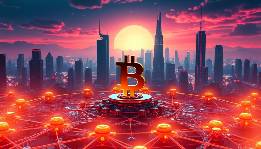 A striking and detailed illustration of Bitcoin's Layer 2 technology, showcasing its capacity to enhance scalability and efficiency. In the foreground, a sleek, three-dimensional Bitcoin icon stands atop a complex network of interconnected nodes, symbolizing the intricate architecture of the Layer 2 solution. The middle ground features a futuristic cityscape, with skyscrapers and infrastructure rendered in a distinctive cyberpunk aesthetic, hinting at the transformative potential of this technology. In the background, a vibrant, neon-tinged sky casts an otherworldly glow, conveying a sense of technological innovation and progress. The scene is illuminated by warm, diffused lighting, creating a visually captivating and immersive environment that captures the essence of this cutting-edge cryptocurrency technology. A striking and detailed illustration of Bitcoin's Layer 2 technology, showcasing its capacity to enhance scalability and efficiency. In the foreground, a sleek, three-dimensional Bitcoin icon stands atop a complex network of interconnected nodes, symbolizing the intricate architecture of the Layer 2 solution. The middle ground features a futuristic cityscape, with skyscrapers and infrastructure rendered in a distinctive cyberpunk aesthetic, hinting at the transformative potential of this technology. In the background, a vibrant, neon-tinged sky casts an otherworldly glow, conveying a sense of technological innovation and progress. The scene is illuminated by warm, diffused lighting, creating a visually captivating and immersive environment that captures the essence of this cutting-edge cryptocurrency technology.
