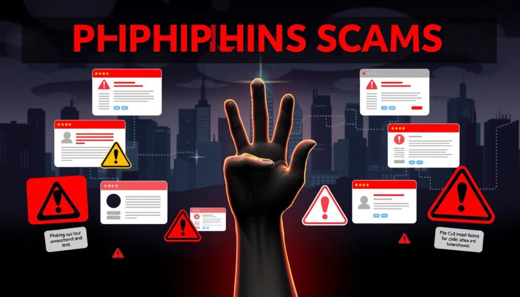 A striking digital illustration depicting the key warning signs of phishing scams. A foreground showcasing various phishing techniques such as fraudulent emails, fake websites, and suspicious links, all rendered in a crisp, high-contrast style. The middle ground features a cautionary hand gesture, warning the viewer to be vigilant. The background is a moody, futuristic cityscape, hinting at the digital nature of these threats. Dramatic lighting casts dramatic shadows, creating a sense of urgency and danger. The overall tone is one of heightened awareness, guiding the viewer to recognize and avoid these modern cyber threats. A striking digital illustration depicting the key warning signs of phishing scams. A foreground showcasing various phishing techniques such as fraudulent emails, fake websites, and suspicious links, all rendered in a crisp, high-contrast style. The middle ground features a cautionary hand gesture, warning the viewer to be vigilant. The background is a moody, futuristic cityscape, hinting at the digital nature of these threats. Dramatic lighting casts dramatic shadows, creating a sense of urgency and danger. The overall tone is one of heightened awareness, guiding the viewer to recognize and avoid these modern cyber threats.