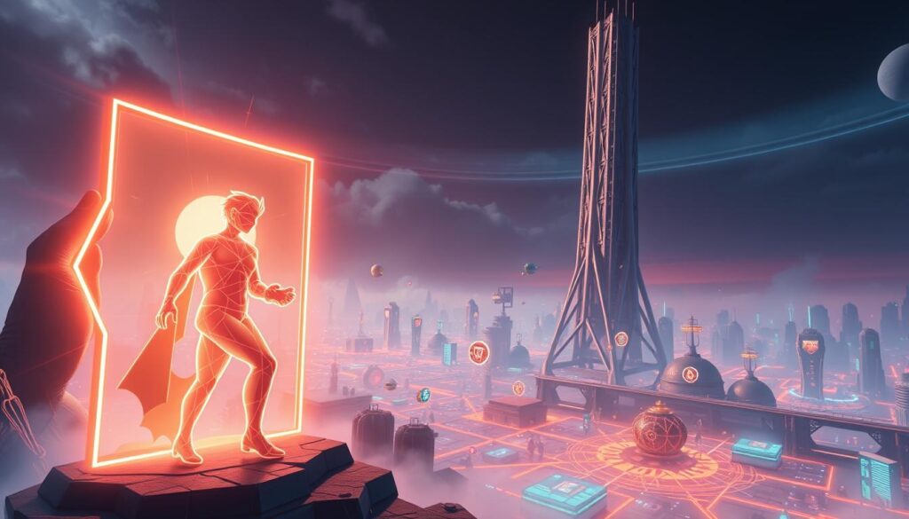 A striking digital illustration of a play-to-earn monetization model. In the foreground, a character emerges from a glowing portal, their body composed of geometric shapes and ethereal energy. They hold a game controller, signifying the interactive nature of this new economic paradigm. In the middle ground, a sprawling virtual landscape unfolds, with various game assets and icons floating amidst a futuristic, neon-infused environment. The background features a towering, metallic structure, its intricate design alluding to the complex technological infrastructure that underpins this innovative revenue stream. Dramatic lighting and a moody color palette evoke a sense of dynamism and potential, capturing the essence of this transformative approach to gaming and finance.