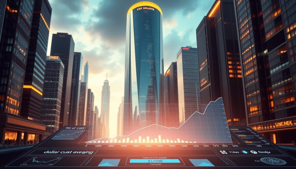 A striking futuristic cityscape with a central towering financial complex. In the foreground, a digital dashboard displays a graph representing the steady, automated progression of dollar cost averaging. Sleek user interfaces and holographic displays create an atmosphere of technological sophistication and financial security. Warm, diffused lighting casts a soft glow, suggesting a sense of stability and control amidst the dynamic urban environment. The overall composition conveys the power and efficiency of an AI-driven investment strategy that can navigate the unpredictable ebb and flow of bear markets.