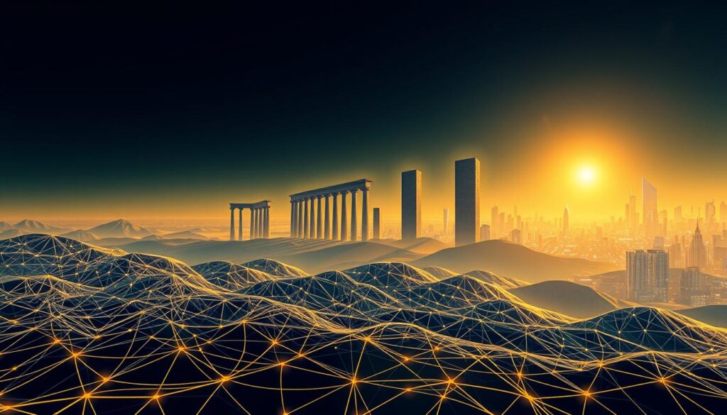A striking visual evolution of cryptocurrency anti-money laundering compliance, depicted through a series of transformative stages. In the foreground, a stylized 3D representation of a blockchain network weaves intricate patterns, symbolizing the technological advancements enabling crypto compliance. The middle ground showcases regulatory frameworks materializing as towering monoliths, casting long shadows over the landscape. In the background, a vibrant, data-driven cityscape emerges, reflecting the integration of AI-powered compliance tools into the fabric of the financial ecosystem. The scene is illuminated by a warm, golden light, conveying a sense of progress and innovation within the ever-changing world of crypto regulation.