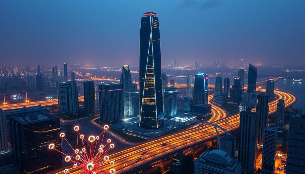 A stunning cityscape at night, with a towering blockchain-inspired skyscraper at the center, its sleek, geometric facade illuminated by neon-tinged lighting. In the foreground, a cluster of interconnected nodes form a dynamic, data-driven visualization, pulsing with the energy of deep reinforcement learning algorithms. The middle ground features a futuristic transport network, with autonomous vehicles navigating seamlessly along illuminated pathways. In the background, a hazy skyline stretches into the distance, hinting at the vast, interconnected nature of this blockchain-powered metropolis. The overall atmosphere is one of technological innovation, power, and the boundless potential of machine learning in blockchain systems.