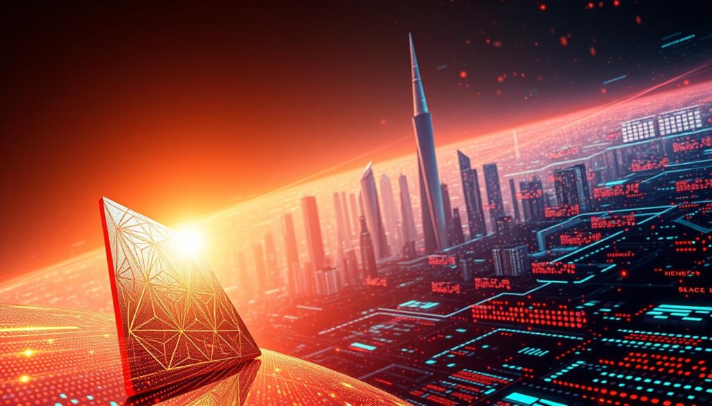 A stunning digital landscape, showcasing the concept of digital ownership and uniqueness. In the foreground, a sleek and intricate NFT artwork shines with a metallic luster, its geometric patterns and bold colors radiating a sense of exclusivity. The middle ground features a futuristic, minimalist cityscape, with towering skyscrapers and sleek, angular architecture. The background is a dynamic, colorful data field, with lines of code and digital information swirling and pulsing, creating a sense of connectivity and the vast potential of the digital realm. The lighting is a combination of warm, golden tones and cool, neon-like hues, lending an air of technological sophistication and innovation. The overall composition conveys the power and significance of digital ownership and the unique value of NFTs in the world of digital art and content creation.