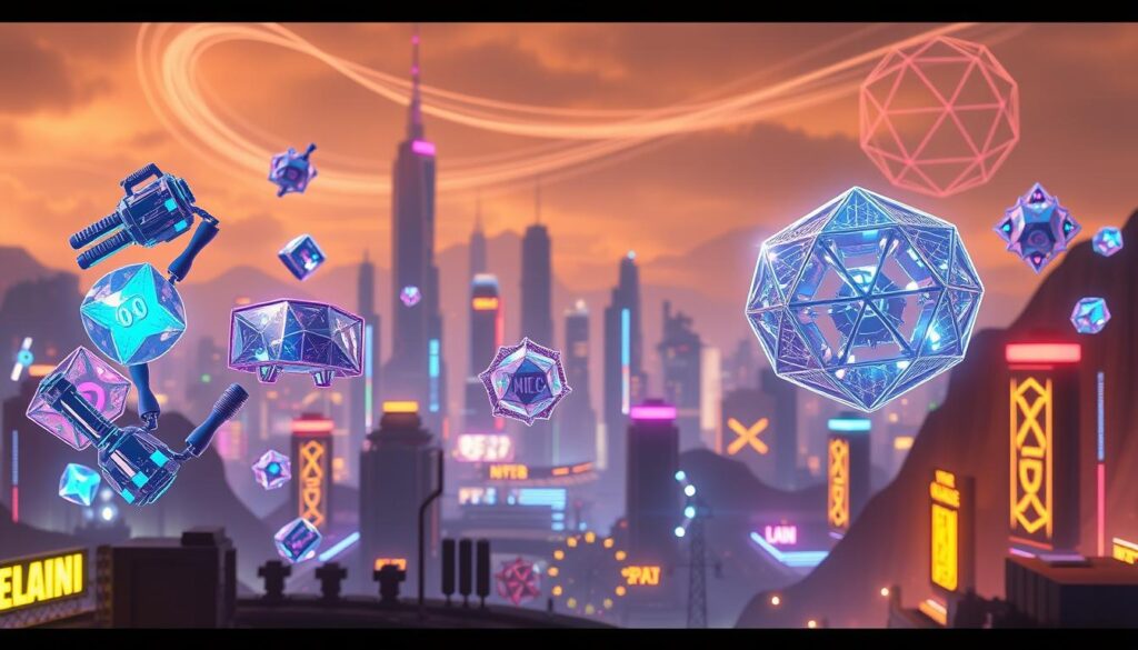 A stunning digital landscape showcasing unique NFT gaming assets. In the foreground, intricate low-poly 3D models of in-game items float effortlessly, their holographic surfaces shimmering with prismatic hues. The midground features a futuristic cityscape, with towering skyscrapers and glowing neon signage. A warm, diffused lighting bathes the scene, creating a sense of mystique and wonder. In the background, swirling data streams and abstract geometric patterns dance across the sky, hinting at the blockchain technology that underpins these digital creations. The overall composition conveys the idea of a dynamic, interconnected virtual world where these one-of-a-kind NFT gaming assets exist.