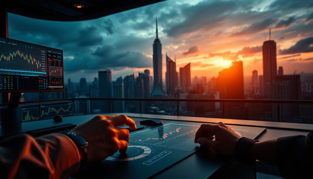 A stunning visual representation of effective trading strategies, captured in a dramatic, high-contrast scene. In the foreground, a masterful trader's hands deftly manipulate complex financial charts, their expressions focused and determined. The middle ground features a sleek, futuristic trading desk, adorned with cutting-edge technology and displays showcasing real-time market data. In the background, a towering cityscape silhouette against a moody, atmospheric sky, hinting at the global scale and significance of these trading decisions. Lighting is dramatic, with warm highlights accentuating the trader's expertise and the precision of the financial instruments. Cinematic camera angles and a sense of depth and scale convey the gravity and importance of the scene.