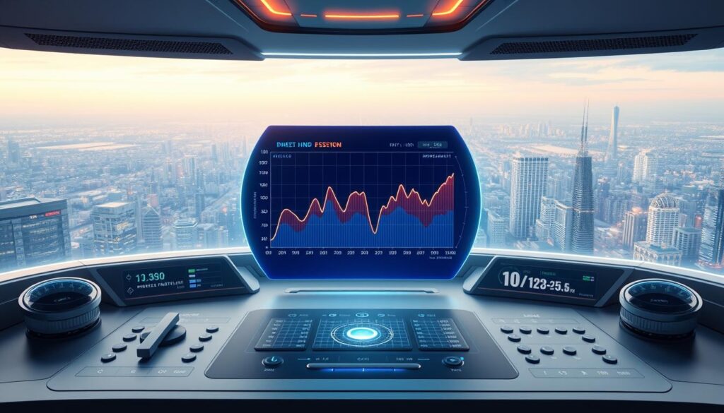 A stunningly realistic 3D render of a sleek, futuristic DeFi dashboard. In the center, a pulsing holographic graph visualizes the dynamic interplay of impermanent loss and yield optimization strategies. Surrounding it, an array of intuitive controls and real-time data feeds, illuminated by a soft, ambient glow. In the background, a panoramic view of a vast, data-driven cityscape, hinting at the scale and complexity of the DeFi ecosystem. The overall scene conveys a sense of technological mastery, financial security, and the promise of maximizing returns through sophisticated risk management.