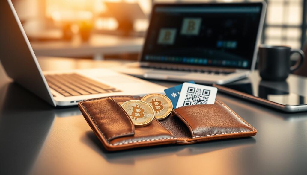 A stylish, leather wallet open and displaying a few cryptocurrency coins and digital card with QR codes inside, placed on a sleek surface. In the background, a softly blurred modern office setting with a laptop and smartphone, suggesting a tech-savvy environment. The lighting is warm and inviting, casting soft shadows that enhance the textures of the wallet. The composition is shot from a slightly elevated angle, capturing the wallet's interior details while keeping the focus clear on the wallet itself. The mood is professional yet approachable, reflecting themes of finance and technology, perfect for a contemporary audience interested in cryptocurrency.