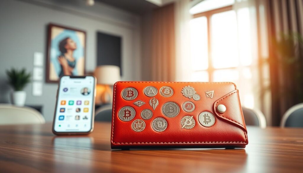 A stylish, modern wallet displayed prominently in the foreground, with a sleek design and vibrant colors, showcasing various cryptocurrency logos embossed on it. In the middle ground, include a blurred out smartphone screen displaying a cryptocurrency app, symbolizing ease of access and technology integration. The background features an elegant office space with soft, ambient lighting, hinting at productivity and finance. Natural light streams through a nearby window, creating a warm and inviting atmosphere. The composition should evoke a sense of opportunity and excitement about cryptocurrency rewards, appealing to newcomers eager to start their journey. Camera angle slightly from above, focusing on the wallet, emphasizing clarity and professionalism.