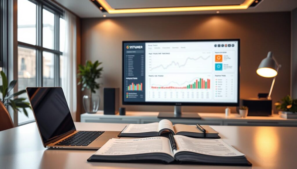 A stylish office space with a sleek and modern aesthetic. In the foreground, a minimalist desk showcases a laptop, smartphone, and a physical financial ledger, symbolizing the seamless integration of digital and traditional portfolio tracking methods. The middle ground features a large monitor displaying a sophisticated data visualization dashboard, with smooth transitions between different financial metrics and portfolio insights. The background is bathed in warm, focused lighting, casting a contemplative atmosphere as the user carefully reviews their investment data. The overall scene conveys a sense of control, efficiency, and a well-organized approach to managing one's financial portfolio. A stylish office space with a sleek and modern aesthetic. In the foreground, a minimalist desk showcases a laptop, smartphone, and a physical financial ledger, symbolizing the seamless integration of digital and traditional portfolio tracking methods. The middle ground features a large monitor displaying a sophisticated data visualization dashboard, with smooth transitions between different financial metrics and portfolio insights. The background is bathed in warm, focused lighting, casting a contemplative atmosphere as the user carefully reviews their investment data. The overall scene conveys a sense of control, efficiency, and a well-organized approach to managing one's financial portfolio.