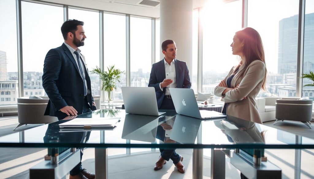 A sun-drenched office interior, with large windows allowing natural light to flood the space. In the foreground, a transparent glass table reflects the surrounding environment, symbolizing openness and transparency. On the table, a laptop and a few documents, suggesting an ongoing business discussion. In the middle ground, two professionals, a man and a woman, are engaged in a thoughtful conversation, their body language conveying trust and collaboration. The background features sleek, minimalist furnishings, projecting a sense of modern professionalism and investor-friendly aesthetics. The overall atmosphere is one of clarity, confidence, and a commitment to transparency.