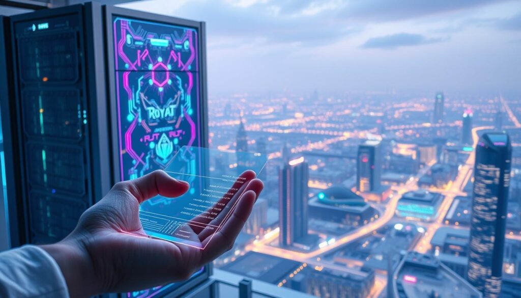 A surreal and futuristic scene depicting the NFT minting process for royalty setup. In the foreground, a digital artist's hand hovers over a holographic interface, meticulously configuring the royalty parameters for an NFT artwork. The middle ground features a towering, iridescent blockchain server, its intricate circuitry pulsing with energy. In the background, a panoramic view of a gleaming, neon-lit cityscape stretches out, symbolizing the vast, interconnected world of NFTs and digital art. Soft, diffused lighting casts a dreamlike glow over the entire scene, conveying the sense of innovation and wonder inherent in the NFT royalty system.