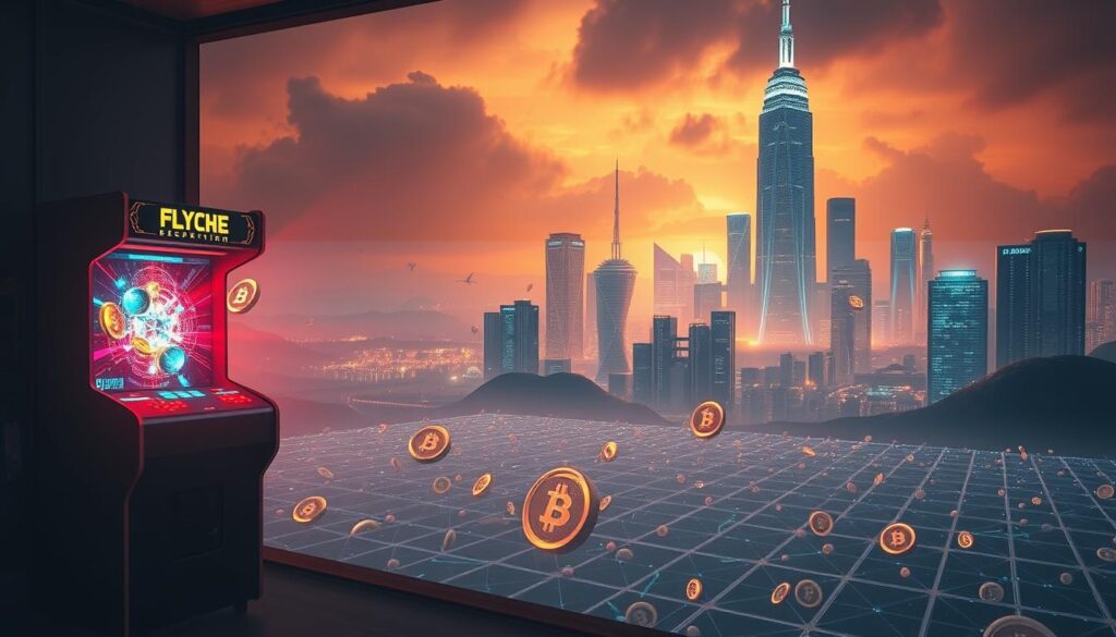 A surreal, cinematic landscape showcasing the evolution of play-to-earn crypto games. In the foreground, a futuristic arcade cabinet displays a hypnotic holographic game, its neon lights casting an ethereal glow. In the middle ground, a grid of floating crypto tokens morphs and cascades, representing the financial rewards of gameplay. In the distant background, a towering blockchain-inspired cityscape rises, its gleaming skyscrapers and data centers symbolizing the technological foundations of this new era of gaming. Warm, diffused lighting creates a sense of wonder and anticipation, while a moody, atmospheric color palette evokes the excitement and mystery of this emerging industry. A surreal, cinematic landscape showcasing the evolution of play-to-earn crypto games. In the foreground, a futuristic arcade cabinet displays a hypnotic holographic game, its neon lights casting an ethereal glow. In the middle ground, a grid of floating crypto tokens morphs and cascades, representing the financial rewards of gameplay. In the distant background, a towering blockchain-inspired cityscape rises, its gleaming skyscrapers and data centers symbolizing the technological foundations of this new era of gaming. Warm, diffused lighting creates a sense of wonder and anticipation, while a moody, atmospheric color palette evokes the excitement and mystery of this emerging industry.