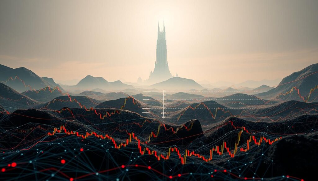 A surreal, data-driven landscape depicting patterns of wash trading manipulation in the cryptocurrency markets. In the foreground, a tangled web of moving lines and shapes, representing the complex algorithmic strategies used to artificially inflate trading volume. The middle ground features a hazy grid of candlestick charts, their formations distorted and irregular, hinting at the underlying deception. In the distant background, a towering, monolithic structure made of abstract digital elements casts an ominous shadow, symbolizing the centralized control and lack of transparency that enables such market manipulation. The scene is bathed in a harsh, neon-tinged lighting, creating a sense of unease and unnatural order. The overall composition conveys the dark, turbulent nature of these deceptive trading practices. A surreal, data-driven landscape depicting patterns of wash trading manipulation in the cryptocurrency markets. In the foreground, a tangled web of moving lines and shapes, representing the complex algorithmic strategies used to artificially inflate trading volume. The middle ground features a hazy grid of candlestick charts, their formations distorted and irregular, hinting at the underlying deception. In the distant background, a towering, monolithic structure made of abstract digital elements casts an ominous shadow, symbolizing the centralized control and lack of transparency that enables such market manipulation. The scene is bathed in a harsh, neon-tinged lighting, creating a sense of unease and unnatural order. The overall composition conveys the dark, turbulent nature of these deceptive trading practices.
