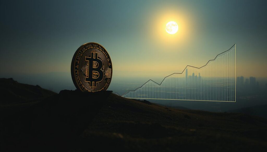 A surreal landscape where Bitcoin, the digital currency, is affected by the macroeconomic forces of inflation and interest rates. In the foreground, a towering Bitcoin icon casts a long, ominous shadow, symbolizing its vulnerability to these economic factors. The middle ground features a graph displaying the rise and fall of Bitcoin's price, with lines representing the volatile relationship between inflation, interest rates, and the cryptocurrency's valuation. In the background, a hazy cityscape fades into the distance, hinting at the broader economic context that shapes the crypto market. The scene is bathed in a moody, cinematic lighting, creating a sense of tension and uncertainty surrounding the future of Bitcoin and its place in the changing financial landscape.