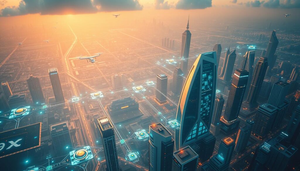 A sweeping aerial view of a futuristic AI crypto landscape, bathed in a warm, vibrant glow. In the foreground, a network of interconnected blockchain platforms, their holographic interfaces pulsing with data. In the middle ground, towering structures housing state-of-the-art AI research labs and cryptocurrency exchanges, their sleek, angular designs reflecting the cutting edge of innovation. The background is a sprawling cityscape, its skyscrapers adorned with digital displays showcasing the latest AI-powered crypto trends and predictions. The scene is illuminated by a soft, diffused light, creating a sense of wonder and technological promise. Subtle details, such as hovering drones and autonomous vehicles, add to the immersive, futuristic atmosphere. A sweeping aerial view of a futuristic AI crypto landscape, bathed in a warm, vibrant glow. In the foreground, a network of interconnected blockchain platforms, their holographic interfaces pulsing with data. In the middle ground, towering structures housing state-of-the-art AI research labs and cryptocurrency exchanges, their sleek, angular designs reflecting the cutting edge of innovation. The background is a sprawling cityscape, its skyscrapers adorned with digital displays showcasing the latest AI-powered crypto trends and predictions. The scene is illuminated by a soft, diffused light, creating a sense of wonder and technological promise. Subtle details, such as hovering drones and autonomous vehicles, add to the immersive, futuristic atmosphere.