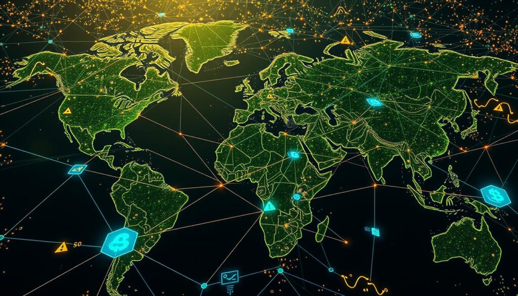 A sweeping aerial view of a global carbon offset trading platform, rendered in a cinematic, futuristic style. In the foreground, a network of blockchain-powered transactions flows seamlessly across continents, with data visualizations depicting the flow of carbon credits. In the middle ground, various stakeholders - investors, project developers, and carbon credit buyers - are connected through a decentralized interface, collaborating to drive sustainable initiatives worldwide. The background showcases a vibrant, interconnected world map, highlighting the widespread accessibility and equitable distribution of carbon offset opportunities, all enabled by the transformative power of blockchain technology.