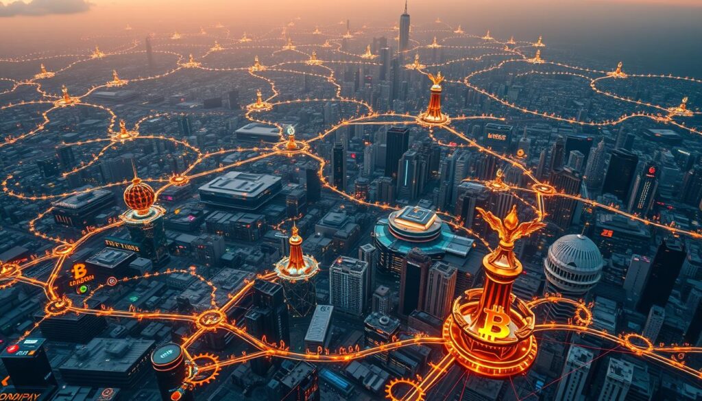 A sweeping aerial view of the cryptocurrency market landscape, with a dynamic interplay of digital assets and trading platforms. The foreground depicts a complex network of cryptocurrency exchanges, wallets, and blockchain infrastructure, pulsing with real-time data and transactions. The middle ground showcases a diverse array of cryptocurrencies, each with its own unique visual representation, from the iconic Bitcoin symbol to the vibrant altcoin logos. In the background, a futuristic cityscape emerges, representing the integration of cryptocurrency technology into the global financial ecosystem. The scene is illuminated by a warm, golden light, conveying a sense of innovation, growth, and potential. The overall composition reflects the ever-evolving, interconnected nature of the cryptocurrency market. A sweeping aerial view of the cryptocurrency market landscape, with a dynamic interplay of digital assets and trading platforms. The foreground depicts a complex network of cryptocurrency exchanges, wallets, and blockchain infrastructure, pulsing with real-time data and transactions. The middle ground showcases a diverse array of cryptocurrencies, each with its own unique visual representation, from the iconic Bitcoin symbol to the vibrant altcoin logos. In the background, a futuristic cityscape emerges, representing the integration of cryptocurrency technology into the global financial ecosystem. The scene is illuminated by a warm, golden light, conveying a sense of innovation, growth, and potential. The overall composition reflects the ever-evolving, interconnected nature of the cryptocurrency market.