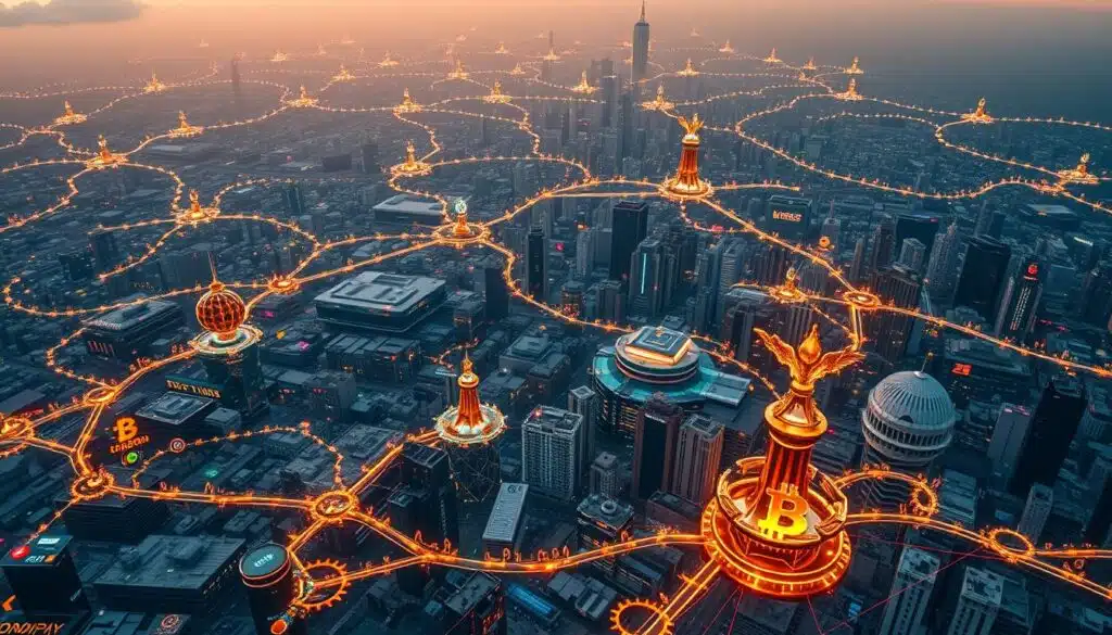 A sweeping aerial view of the cryptocurrency market landscape, with a dynamic interplay of digital assets and trading platforms. The foreground depicts a complex network of cryptocurrency exchanges, wallets, and blockchain infrastructure, pulsing with real-time data and transactions. The middle ground showcases a diverse array of cryptocurrencies, each with its own unique visual representation, from the iconic Bitcoin symbol to the vibrant altcoin logos. In the background, a futuristic cityscape emerges, representing the integration of cryptocurrency technology into the global financial ecosystem. The scene is illuminated by a warm, golden light, conveying a sense of innovation, growth, and potential. The overall composition reflects the ever-evolving, interconnected nature of the cryptocurrency market.