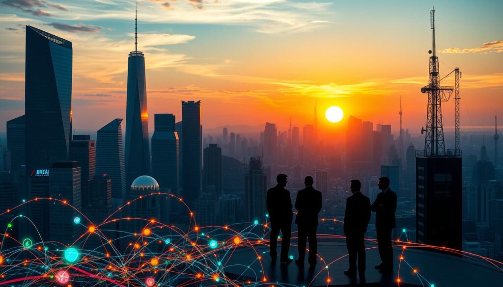 A sweeping cityscape bathed in the warm glow of a setting sun, sleek skyscrapers and towering edifices representing the emerging landscape of cryptocurrency regulation. In the foreground, a tangle of colorful data streams and holographic interfaces, symbolizing the complex web of policies, guidelines, and oversight mechanisms shaping the future of digital assets. The middle ground features silhouetted figures in business attire, engaged in animated discussions, their movements casting dynamic shadows across the scene. In the background, a horizon line punctuated by satellite dishes and communication towers, hinting at the global reach and interconnected nature of this evolving regulatory framework. The overall atmosphere conveys a sense of dynamism, progress, and the uneasy balance between innovation and control.