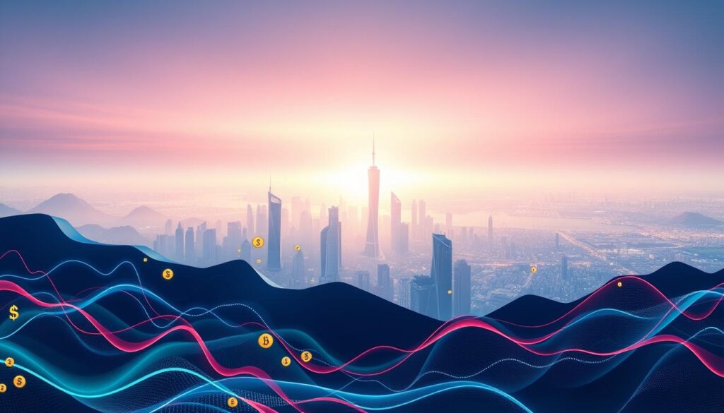 A sweeping vista of a digital financial landscape, with a central focus on a set of cryptocurrencies, their price trends depicted as undulating waves of vibrant colors. The foreground showcases the silhouettes of various altcoins, their values fluctuating dynamically against a backdrop of swirling data visualizations and charts. The middle ground features a futuristic cityscape, its sleek skyscrapers and towering structures representing the ever-evolving world of decentralized finance. In the distance, a luminous horizon casts a warm glow, symbolizing the potential and promise of the altcoin market's future. Lighting is soft and diffused, creating a sense of balance and harmony, while the camera angle provides a birds-eye perspective, offering a comprehensive view of the shifting altcoin trends and price predictions. A sweeping vista of a digital financial landscape, with a central focus on a set of cryptocurrencies, their price trends depicted as undulating waves of vibrant colors. The foreground showcases the silhouettes of various altcoins, their values fluctuating dynamically against a backdrop of swirling data visualizations and charts. The middle ground features a futuristic cityscape, its sleek skyscrapers and towering structures representing the ever-evolving world of decentralized finance. In the distance, a luminous horizon casts a warm glow, symbolizing the potential and promise of the altcoin market's future. Lighting is soft and diffused, creating a sense of balance and harmony, while the camera angle provides a birds-eye perspective, offering a comprehensive view of the shifting altcoin trends and price predictions.