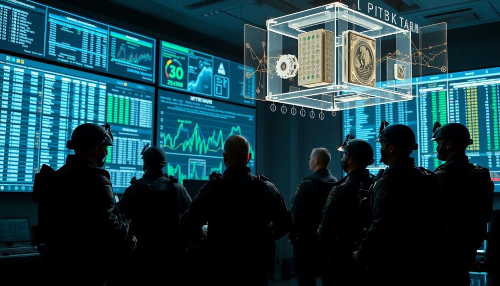 A team of law enforcement officers in tactical gear stand vigilant, scrutinizing complex financial data projected on large screens. The dimly lit control room is tense with concentration as they analyze cryptocurrency transaction records, searching for signs of illicit money laundering schemes. Holographic models of blockchain networks and digital wallets hover in the air, offering clues to unravel the sophisticated web of criminal activity. Harsh lighting casts dramatic shadows, creating an atmosphere of high-stakes urgency as they work tirelessly to disrupt the flow of ill-gotten digital gains.