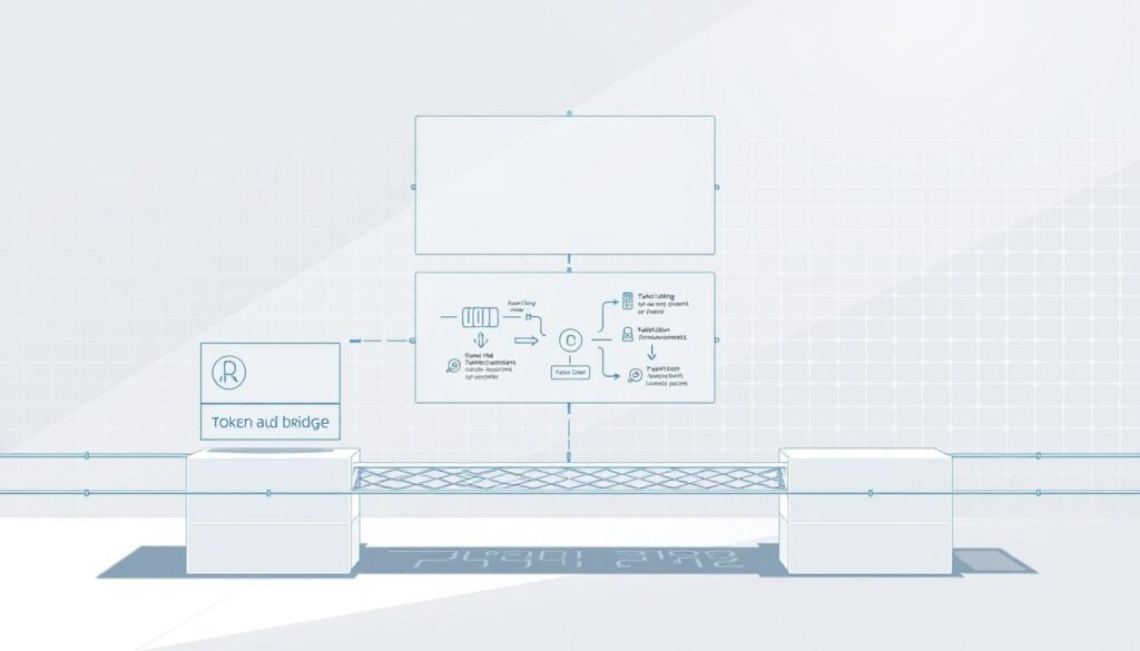 A technical illustration showcasing the step-by-step process of cross-chain blockchain bridging. In the foreground, a clean, schematic representation of the bridge infrastructure, with distinct modules for token locking, validation, and release. The middle ground features detailed diagrams outlining the data flow and verification mechanisms. In the background, a subtle grid pattern representing the interconnected blockchain networks. The overall aesthetic is minimalist and engineering-focused, with a neutral color palette and crisp, precise linework to convey the technical nature of the subject. Soft, directional lighting casts subtle shadows, enhancing the depth and dimensionality of the scene. A technical illustration showcasing the step-by-step process of cross-chain blockchain bridging. In the foreground, a clean, schematic representation of the bridge infrastructure, with distinct modules for token locking, validation, and release. The middle ground features detailed diagrams outlining the data flow and verification mechanisms. In the background, a subtle grid pattern representing the interconnected blockchain networks. The overall aesthetic is minimalist and engineering-focused, with a neutral color palette and crisp, precise linework to convey the technical nature of the subject. Soft, directional lighting casts subtle shadows, enhancing the depth and dimensionality of the scene.