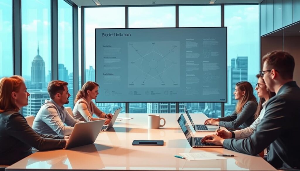 A thoughtful blockchain planning session in a modern office setting. In the foreground, a team of professionals gathered around a sleek conference table, laptops and whiteboards in hand, deeply engaged in discussing blockchain use case ideas. The middle ground features a large wall display showcasing a detailed blockchain architecture diagram, technical specifications, and potential industry applications. The background shows floor-to-ceiling windows offering a panoramic cityscape view, bathed in warm, natural lighting that creates a productive and collaborative atmosphere. The overall scene conveys a sense of focused innovation and strategic planning for building a transformative blockchain solution.