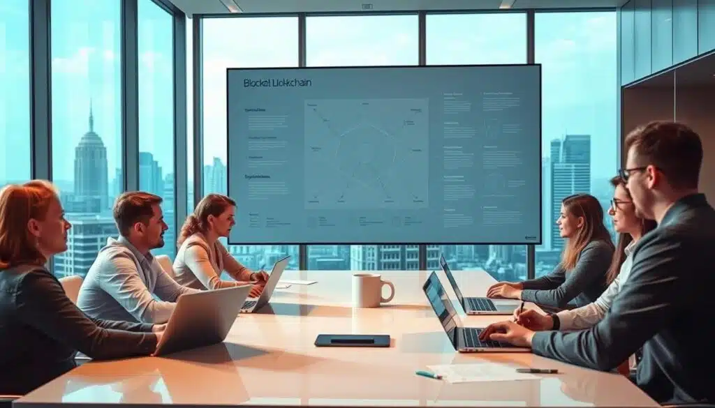 A thoughtful blockchain planning session in a modern office setting. In the foreground, a team of professionals gathered around a sleek conference table, laptops and whiteboards in hand, deeply engaged in discussing blockchain use case ideas. The middle ground features a large wall display showcasing a detailed blockchain architecture diagram, technical specifications, and potential industry applications. The background shows floor-to-ceiling windows offering a panoramic cityscape view, bathed in warm, natural lighting that creates a productive and collaborative atmosphere. The overall scene conveys a sense of focused innovation and strategic planning for building a transformative blockchain solution.